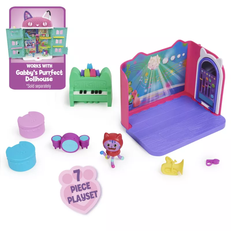 Gabby's Dollhouse Groovy Music Room ar DJ Catnip figūriņu, 2 aksesuāriem, 2 mēbelēm un 2 piegādēm