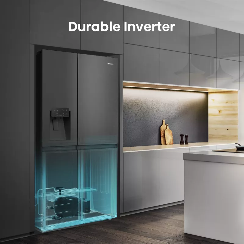 Hisense Side by Side Ledusskapis RS818N4TFE, Brīvi Stāvošs, Amerikāņu Durvis, Melns, Skārienvadība, LED, Displejs Uz Durvīm