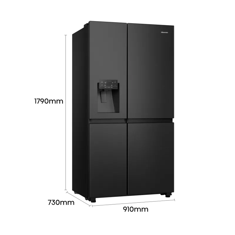 Hisense Side by Side Ledusskapis RS818N4TFE, Brīvi Stāvošs, Amerikāņu Durvis, Melns, Skārienvadība, LED, Displejs Uz Durvīm