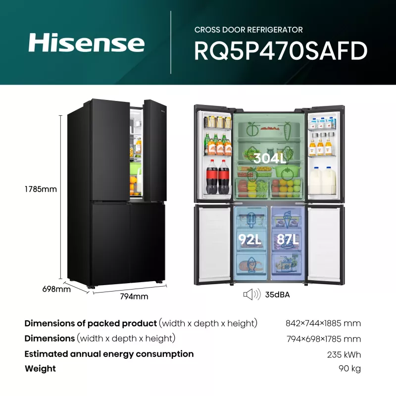 Hisense RQ5P470SAFD Brīvstāvošs Ledusskapis 483 L Melns, Nerūsējošs tērauds
