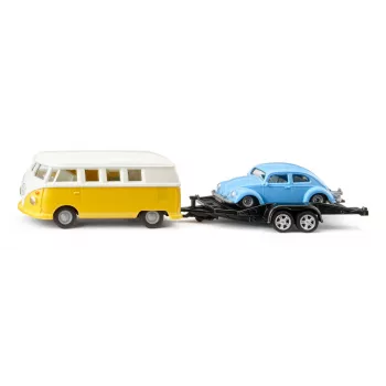 Siku VW T1 ar piekabi un VW Beetle, salikts modelis 1:50, 42×200×51 mm