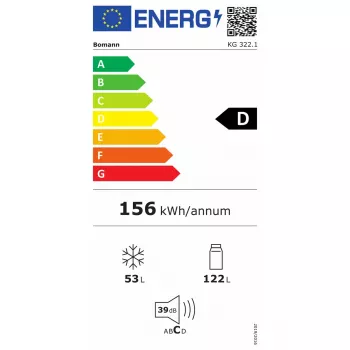 Brīvi stāvošs ledusskapis BOMANN KG 322.1, 175 L kopējais, nerūsējošā tērauda krāsa, ledusskapis 122 L + saldētava 53 L, D klase, 39 dB