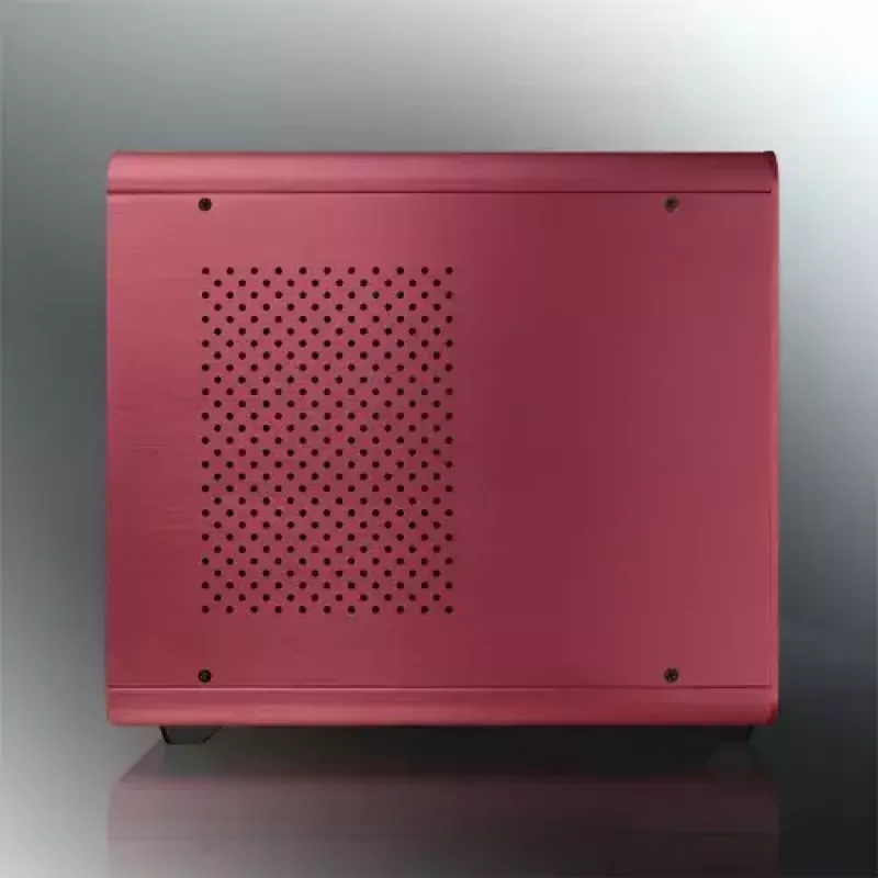 RAIJINTEK METIS PLUS Mini Tornis PC korpuss Sarkans — Mini-ITX, 1x 3.5 collu slots, 4x 2.5 collu sloti, 120 mm ventilatori