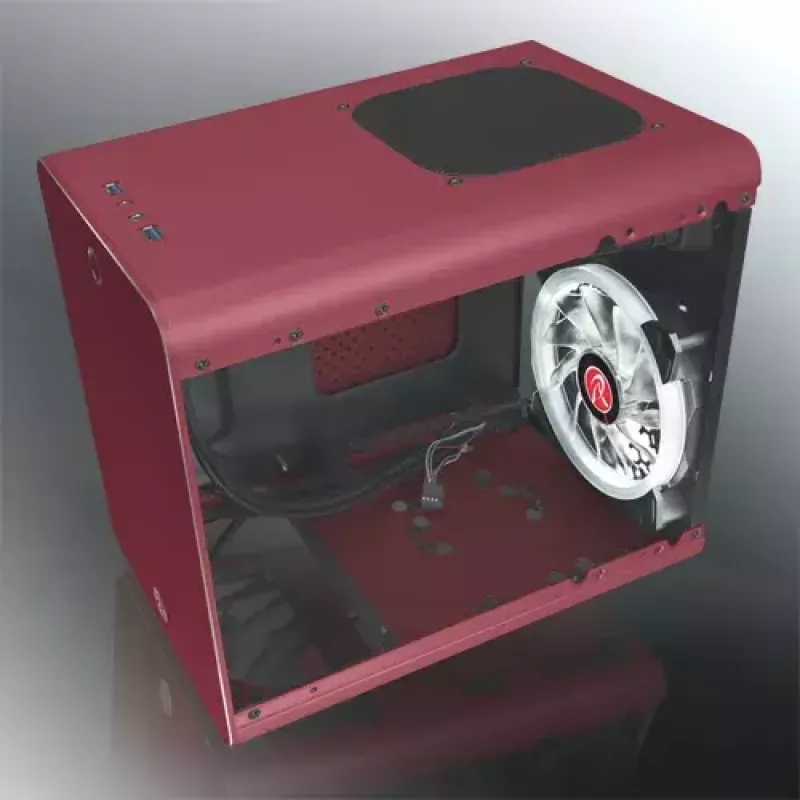 RAIJINTEK METIS PLUS Mini Tornis PC korpuss Sarkans — Mini-ITX, 1x 3.5 collu slots, 4x 2.5 collu sloti, 120 mm ventilatori