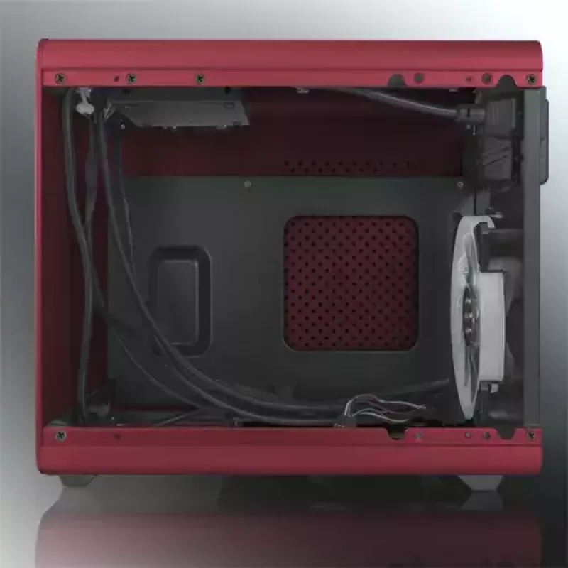 RAIJINTEK METIS PLUS Mini Tornis PC korpuss Sarkans — Mini-ITX, 1x 3.5 collu slots, 4x 2.5 collu sloti, 120 mm ventilatori