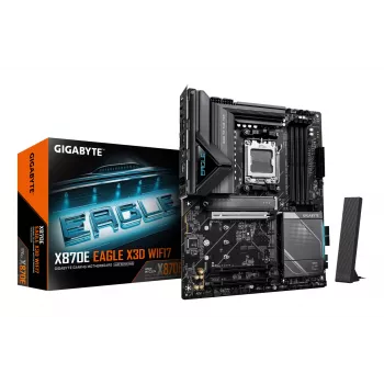 GIGABYTE X870E EAGLE X3D WIFI7 mātesplate — atbalsta AMD Ryzen 9000 CPU, 14+2+2 fāžu digitālais VRM, līdz 9000Hz DDR5 (OC), 1xPCIe 5.0 + 3xPCIe 4.0, Wi-Fi 7, 5GbE LAN, USB 4