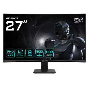 GIGABYTE GS27FCA 27 collu izliekts FHD spēļu monitors - 1920 x 1080, 200Hz, 1ms, 250 cd/m², FreeSync Premium, HDR Ready, HDMI 2.0, DisplayPort 1.4