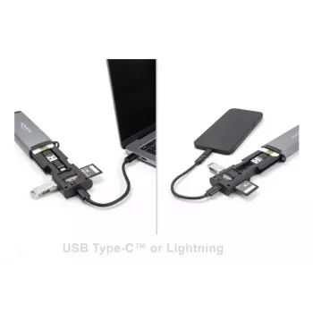 Karšu lasītājs DELOCK USB 5 Gbps ar SD un MicroSD slotiem, USB 3.2 Gen 1 Type-A/Type-C, kabeļi un adapteri, melns/pelēks