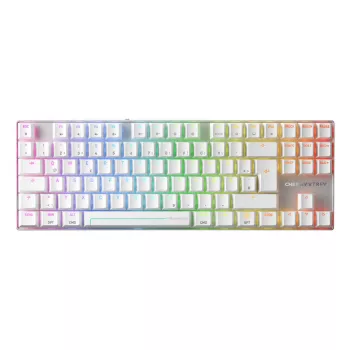 Bezvadu spēļu tastatūra CHERRY MX 8.2 Pro TMR — Tenkeyless, QWERTZ vācu, USB + RF + Bluetooth, RGB, Sudrabs/Balts