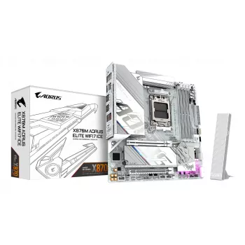 GIGABYTE mātesplate X870M AORUS ELITE WIFI7 ICE — Micro ATX, AMD X870, Socket AM5, DDR5 līdz 8200Hz (O.C), 14+2+2 VRM, PCIe 5.0, Wi‑Fi 7, 2.5 GbE, USB4