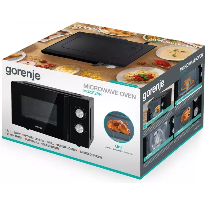 Gorenje MO20E2BH Melnā grila mikroviļņu krāsns, Brīvi stāvoša, 20 L, 800 W
