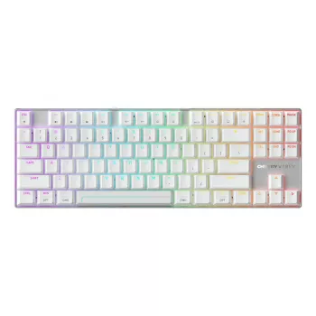 Bezvadu spēļu tastatūra Cherry MX 8.2 Pro TMR — Tenkeyless 88 taustiņi, USB + RF + Bluetooth, magnētiski-mehāniskie slēdži, RGB, sudraba/balta