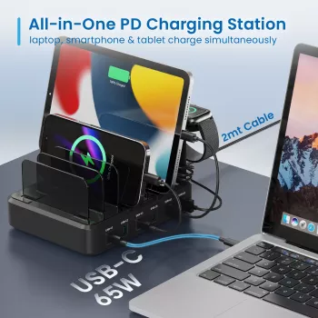Ewent EW1335 uzlādes stacija 6 portiem 4xUSB-C PD 3.0 65W + 2xUSB-A QC 3.0 melna