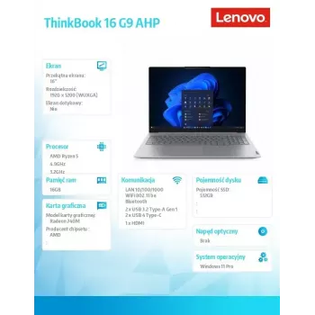 Portatīvais dators Lenovo ThinkBook 16 G9 21UT0077PB Windows 11 Pro, 16,0 inch WQXGA, 16GB RAM, 512GB SSD, Arctic Grey