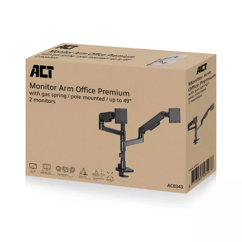 ACT monitoru roka 49 collu biroja premium, gāzes atspere, staba stiprinājums, 2 monitoriem