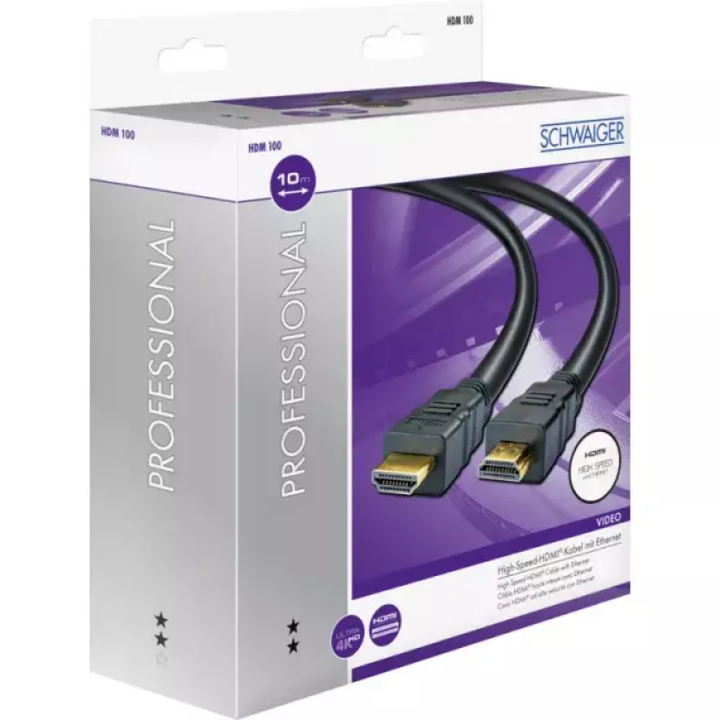 HDMI kabelis SCHWAIGER HDM100 013 — 10 m, HDMI Type A vīriešu–vīriešu, apzeltīti kontakti, melns