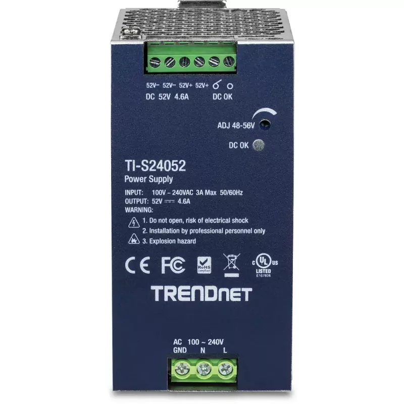 Barošanas bloks TRENDNET TI-S24052 tīkla slēdžiem, 240W, AC 90–264V, aizsardzība: OCP/OPP/OVP/OTP/īssavienojums, melns