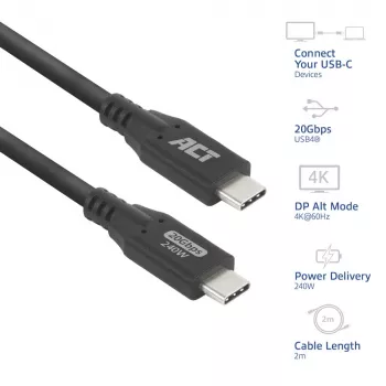 ACT USB4 20Gbps 240W USB-C kabelis, 2 m, melns