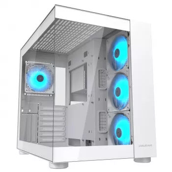 PC Midi Tower korpuss Cougar FV150 ARGB Balts — ATX/Micro-ATX/Mini-ITX, 3x120mm priekšā, 1x120mm aizmugurē, 2x3.5 collu + 2x2.5 collu vietas, USB 3.2 Gen1