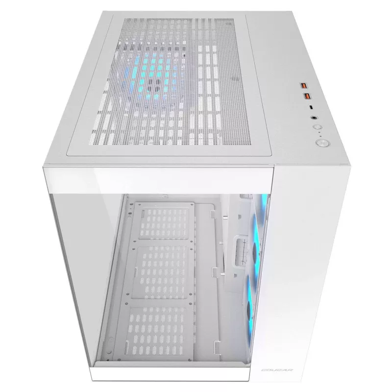 PC Midi Tower korpuss Cougar FV150 ARGB Balts — ATX/Micro-ATX/Mini-ITX, 3x120mm priekšā, 1x120mm aizmugurē, 2x3.5 collu + 2x2.5 collu vietas, USB 3.2 Gen1