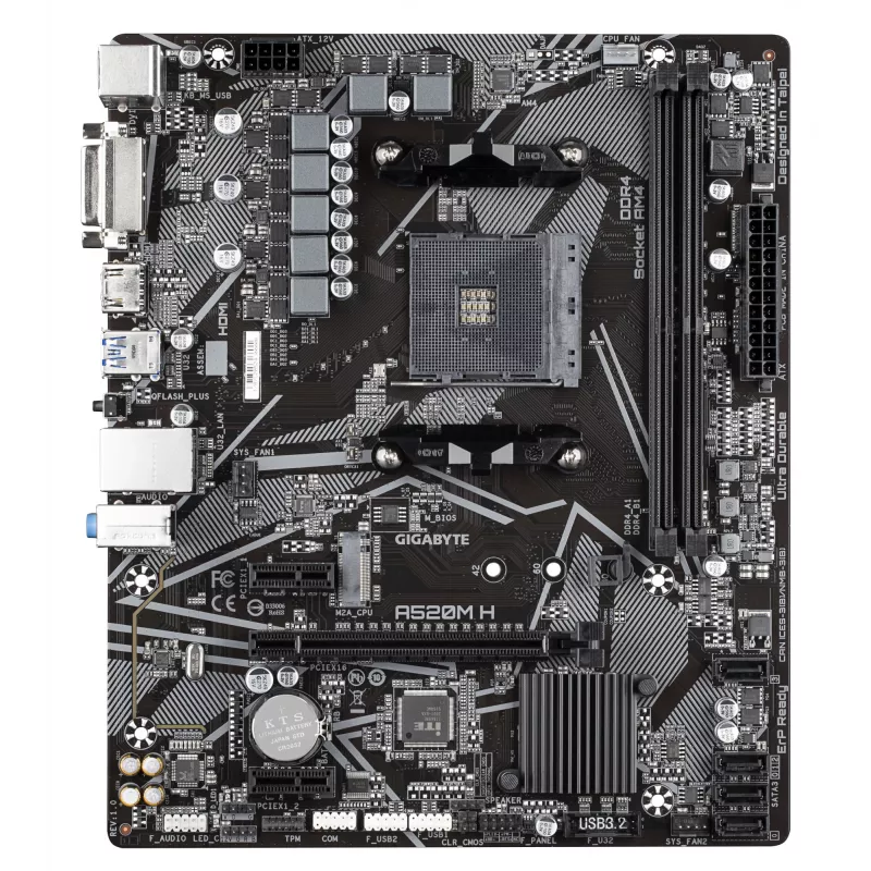 GIGABYTE A520M H mātesplate — atbalsta AMD Ryzen 5000 sērijas AM4 CPU, 4+3 fāžu tīrais digitālais VRM, līdz 5100MHz DDR4 (OC), PCIe 3.0 x4 M.2, GbE LAN, USB 3.2 Gen 1