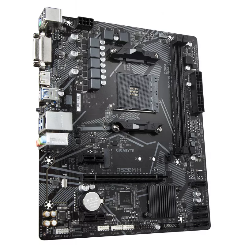 GIGABYTE A520M H mātesplate — atbalsta AMD Ryzen 5000 sērijas AM4 CPU, 4+3 fāžu tīrais digitālais VRM, līdz 5100MHz DDR4 (OC), PCIe 3.0 x4 M.2, GbE LAN, USB 3.2 Gen 1