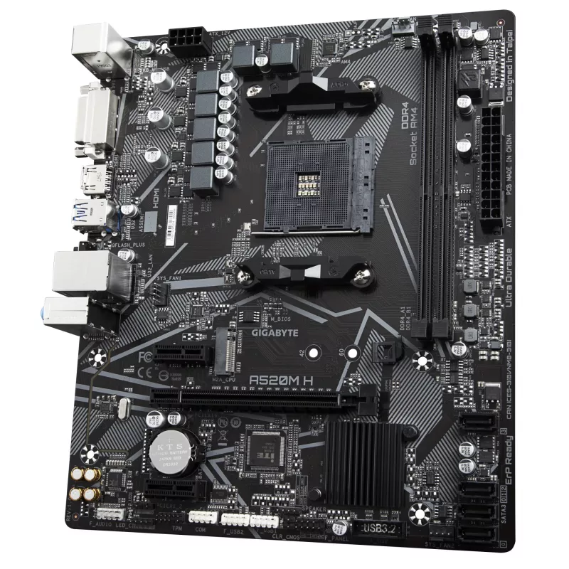 GIGABYTE A520M H mātesplate — atbalsta AMD Ryzen 5000 sērijas AM4 CPU, 4+3 fāžu tīrais digitālais VRM, līdz 5100MHz DDR4 (OC), PCIe 3.0 x4 M.2, GbE LAN, USB 3.2 Gen 1