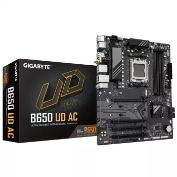 Mātesplate GIGABYTE B650 UD AC – AMD Ryzen 9000 sērijas CPU, 6+2+2 fāžu VRM, līdz 8000MHz DDR5 (OC), 1xPCIe 5.0 + 2xPCIe 4.0 M.2, GbE LAN, WIFI 5, USB 3.2 Gen 2