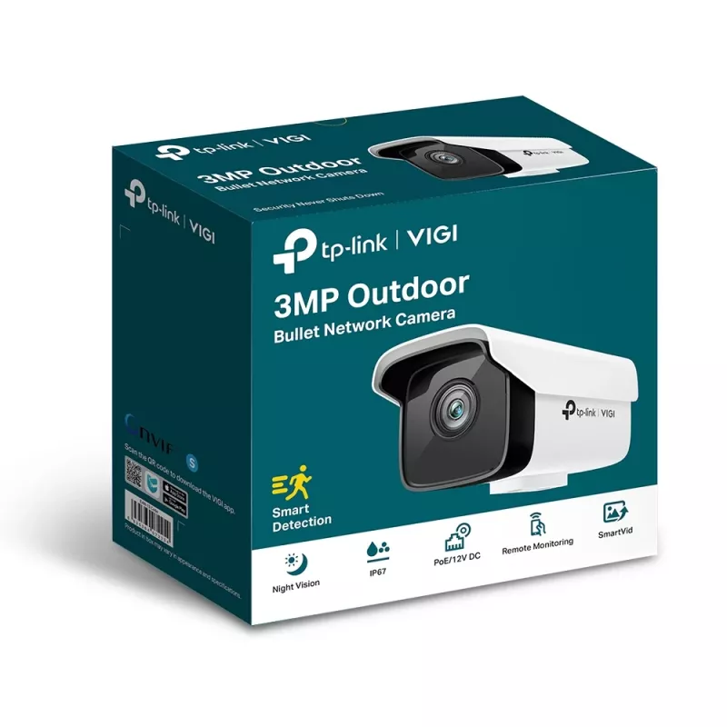 IP drošības kamera TP-Link VIGI 3MP āra lodes tīkla kamera, 3 MP, 30 kadri/s, 30 m nakts redzamība, vadu, balta