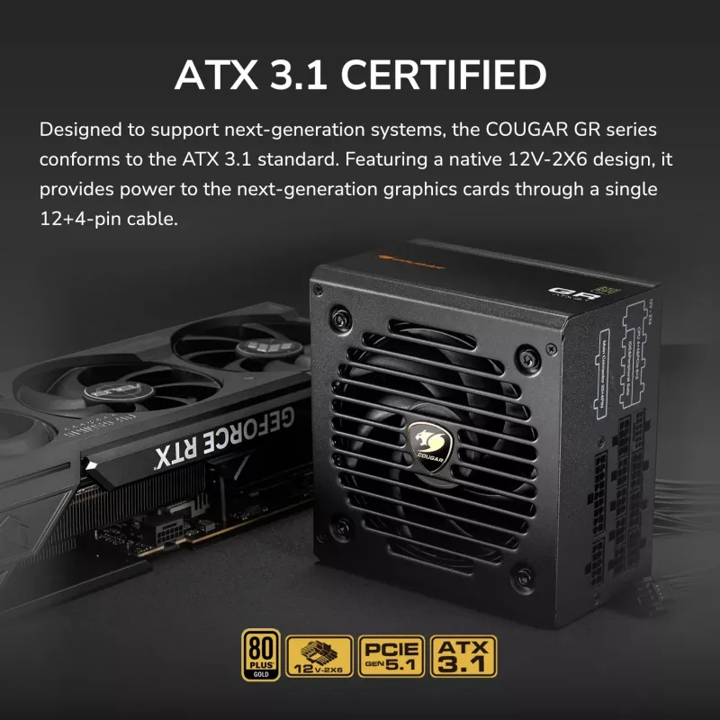COUGAR GR 750W ATX3.1/PCIE 5.1 / 80 Plus Gold barošanas bloks, 750 W, 100-240 V, 50/60 Hz, 10 A
