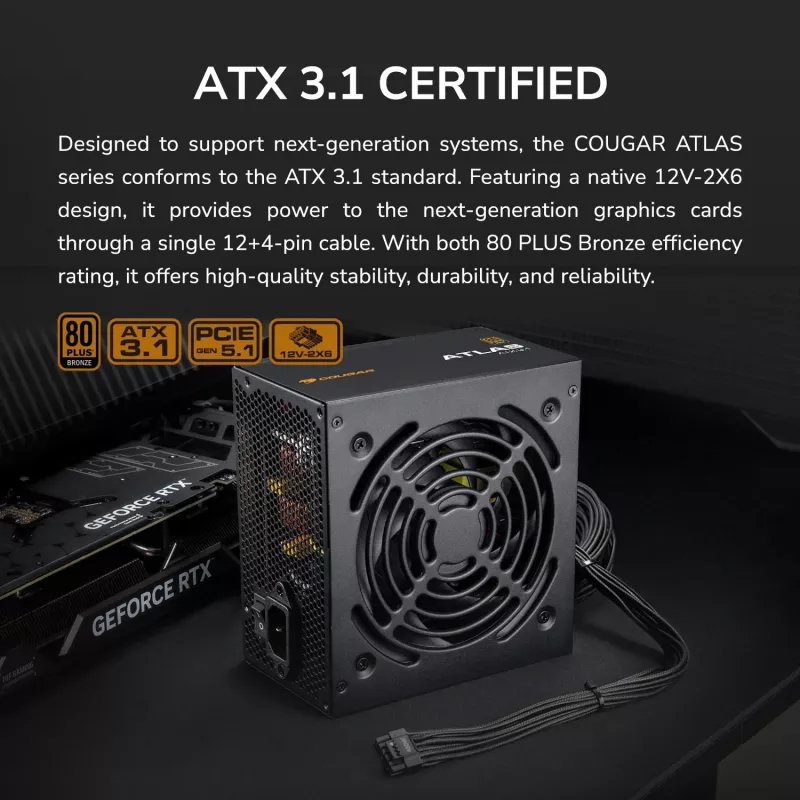 Barošanas bloks Cougar ATLAS 650W ATX3.1 80 PLUS Bronze, 24-pin ATX, 120 mm ventilators, melns