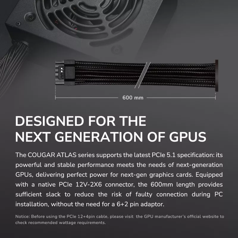 Barošanas bloks Cougar ATLAS 750W ATX3.1 80 Plus Bronze, 750 W, 24-pin ATX, 120 mm ventilators