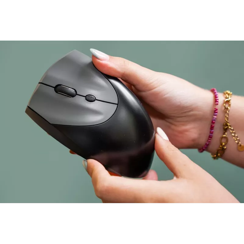 BakkerElkhuizen Handshake Mouse Left - kreilēm, vertikāla pele, optiska, RF bezvadu + Bluetooth + USB Type-C, 6400 DPI, melna, pelēka