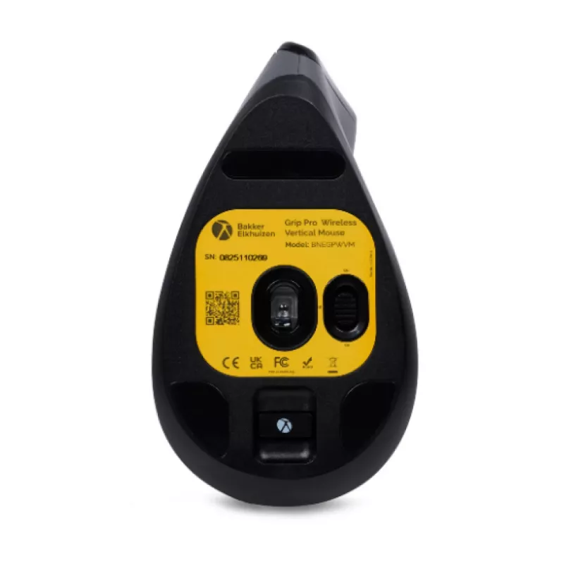 BakkerElkhuizen Grip Pro vertikālā pele, labā roka, optiskā, RF bezvadu, 2400 DPI, pelēka/melna/dzeltena