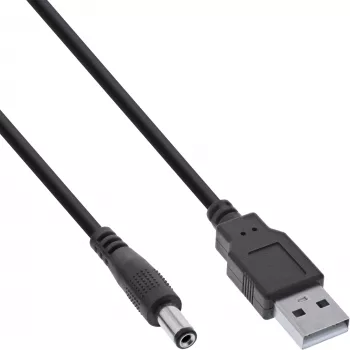 InLine USB-DC barošanas adaptera kabelis, USB A vīrišķais uz DC 5.5x2.10mm spraudni, melns, 1m