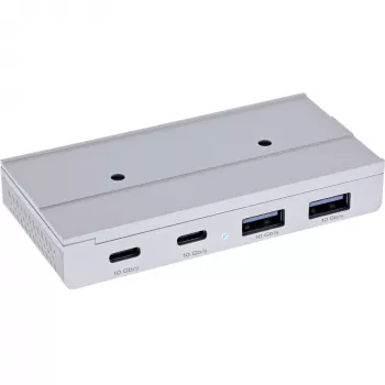 InLine 35395M USB 3.2 Gen 2 centrmezgls ar magnētisko stiprinājumu, 4 porti (2x USB-C, 2x USB-A), 10 Gbit/s, alumīnija korpuss, sudrabs
