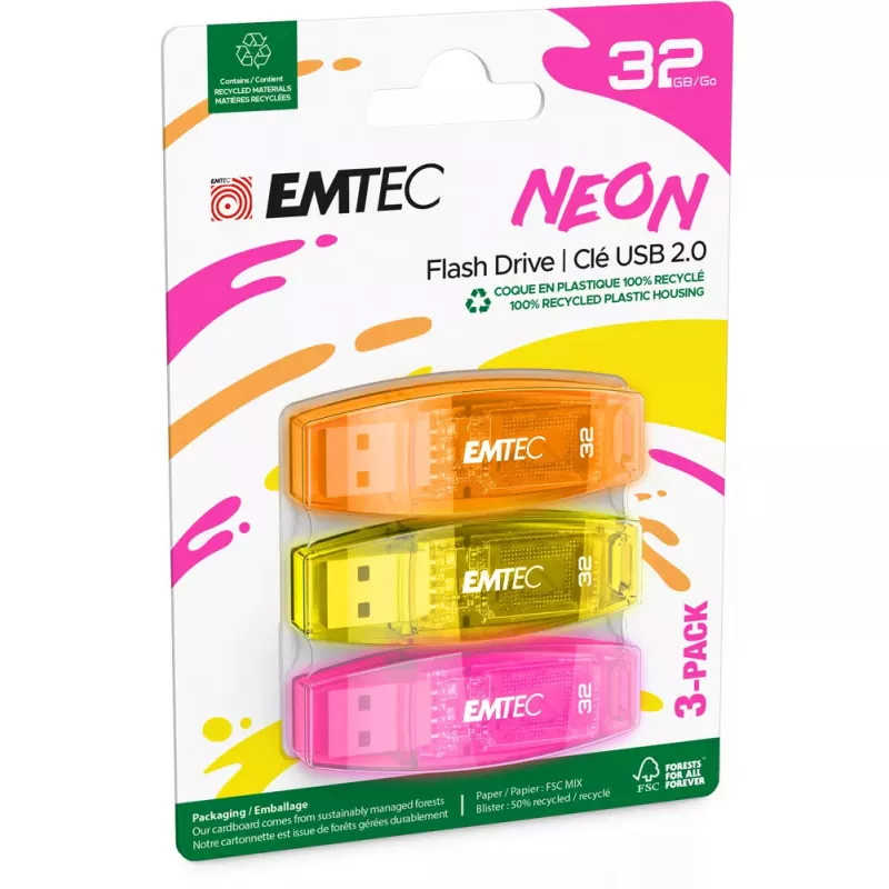 Emtec C410 Neon USB 2.0 zibatmiņas disks 32 GB, 3 gab. iepakojumā (P3)