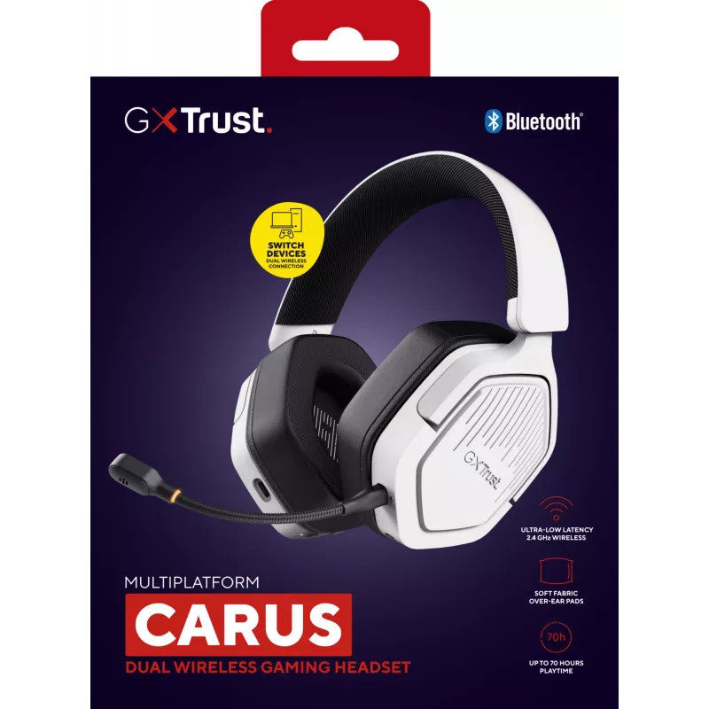 Trust GXT 493W Carus austiņas, vadu un bezvadu, galvas saite, ķivere, spēlēm, USB Type-C / USB Type-A, Bluetooth, balta