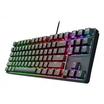 Mehāniskā spēļu tastatūra TRUST 26135, 80% 87 taustiņi, QWERTZ vācu izkārtojums, USB vads, melna, 1.8 m kabelis