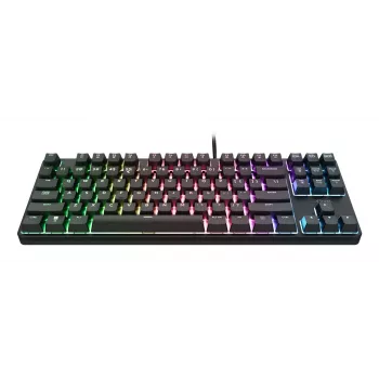 Mehāniskā spēļu tastatūra TRUST 26135, 80% 87 taustiņi, QWERTZ vācu izkārtojums, USB vads, melna, 1.8 m kabelis