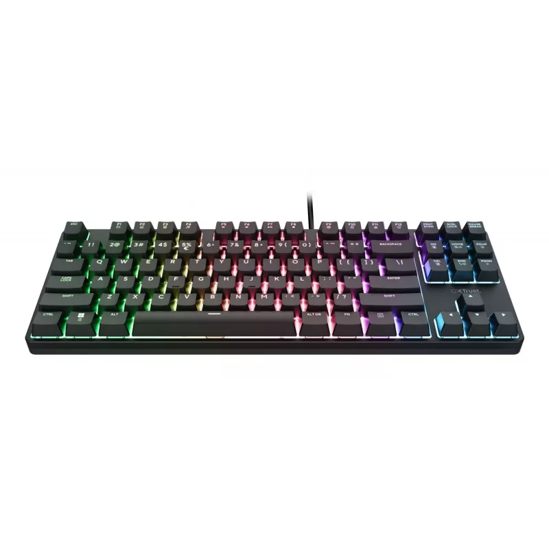Mehāniskā spēļu tastatūra TRUST 26135, 80% 87 taustiņi, QWERTZ vācu izkārtojums, USB vads, melna, 1.8 m kabelis