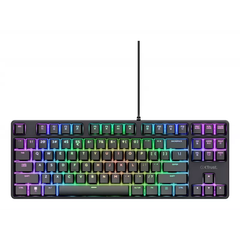 Mehāniskā spēļu tastatūra TRUST 26135, 80% 87 taustiņi, QWERTZ vācu izkārtojums, USB vads, melna, 1.8 m kabelis