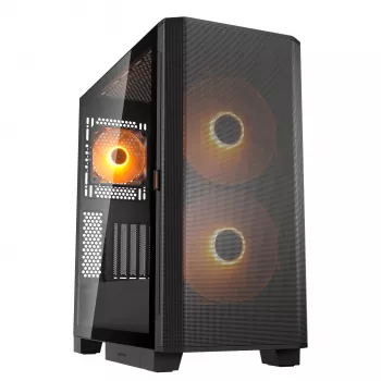 PC Midi Tower korpuss Cougar Airface FLO ARGB, Melns — atbalsta 2x180mm priekšā, 1x120mm aizmugurē, 2.5/3.5 collu diskus, 240×480×509 mm