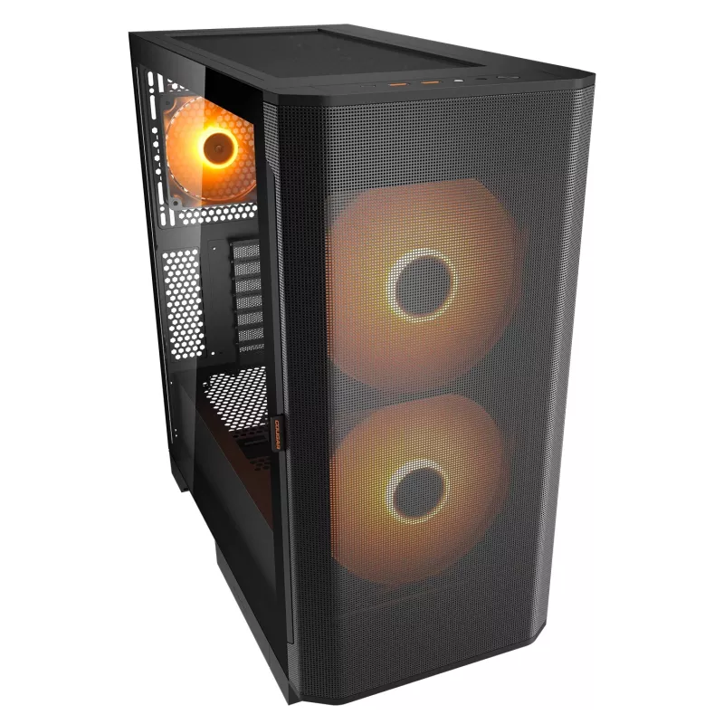 PC Midi Tower korpuss Cougar Airface FLO ARGB, Melns — atbalsta 2x180mm priekšā, 1x120mm aizmugurē, 2.5/3.5 collu diskus, 240×480×509 mm