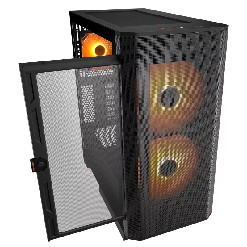 PC Midi Tower korpuss Cougar Airface FLO ARGB, Melns — atbalsta 2x180mm priekšā, 1x120mm aizmugurē, 2.5/3.5 collu diskus, 240×480×509 mm