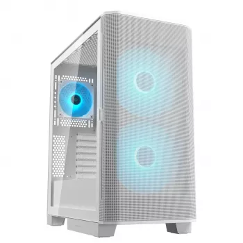 COUGAR PC Midi Tower korpuss Airface FLO ARGB Balts — 2x180mm priekšā, 1x120mm aizmugurē, atbalsta 2.5 collu/3.5 collu HDD, 240×480×509 mm