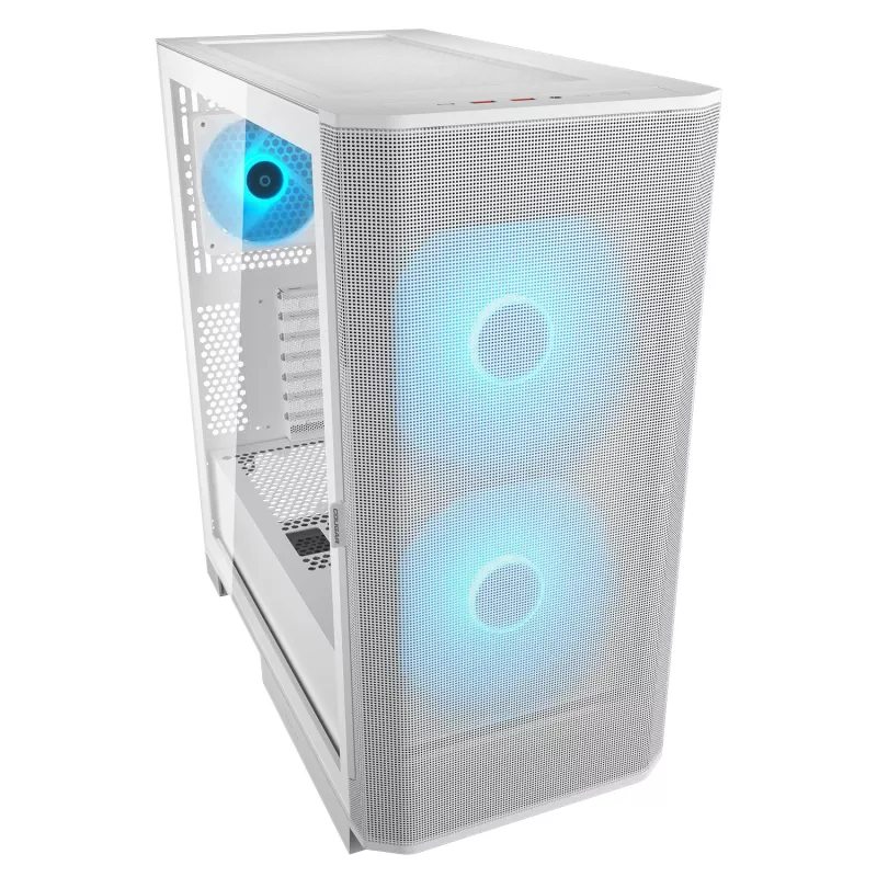 COUGAR PC Midi Tower korpuss Airface FLO ARGB Balts — 2x180mm priekšā, 1x120mm aizmugurē, atbalsta 2.5 collu/3.5 collu HDD, 240×480×509 mm