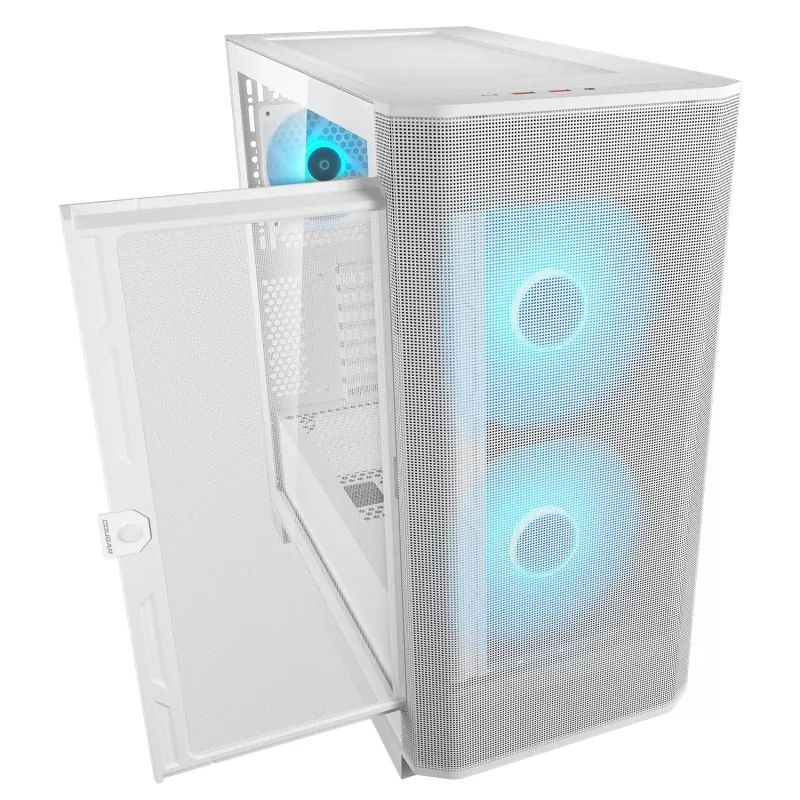 COUGAR PC Midi Tower korpuss Airface FLO ARGB Balts — 2x180mm priekšā, 1x120mm aizmugurē, atbalsta 2.5 collu/3.5 collu HDD, 240×480×509 mm