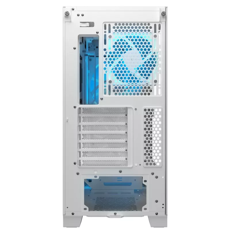 COUGAR PC Midi Tower korpuss Airface FLO ARGB Balts — 2x180mm priekšā, 1x120mm aizmugurē, atbalsta 2.5 collu/3.5 collu HDD, 240×480×509 mm