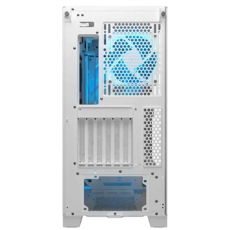 COUGAR PC Midi Tower korpuss Airface FLO ARGB Balts — 2x180mm priekšā, 1x120mm aizmugurē, atbalsta 2.5 collu/3.5 collu HDD, 240×480×509 mm